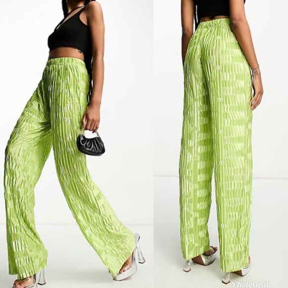Princess Polly Lila satin plisse patterned wide leg pants in lime green - Picture 1 of 11